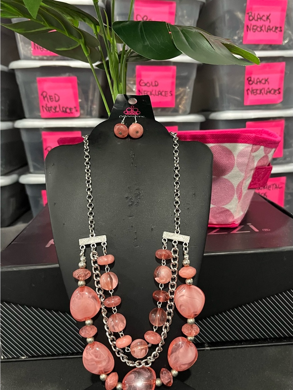 paparazzi Pink Multi-Strand Beaded Necklace with Matching Studs